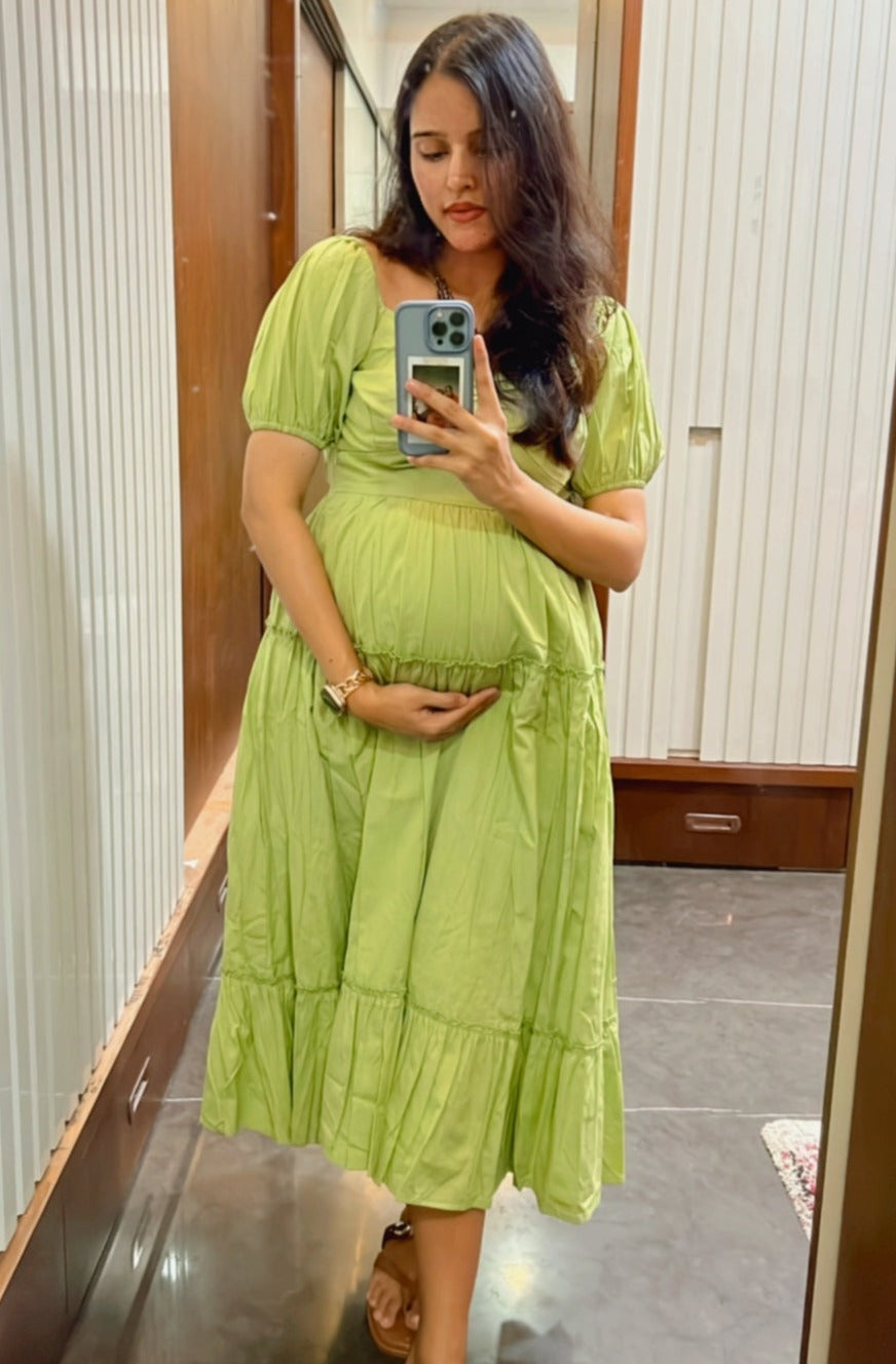 Pistachio Pista Green Cotton Womens Nursing Maternity Dress with Hidden Nursing Features Pistachio Pista Green Cotton Womens Nursing Maternity Dress with Hidden Nursing Features