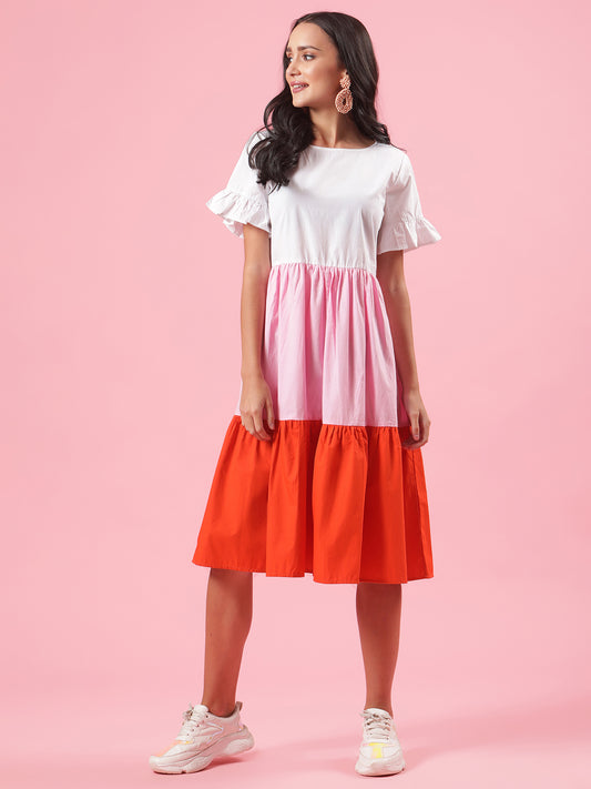 Candy Floss Womens Cotton Summer Tier Dress in White Pink Orange
