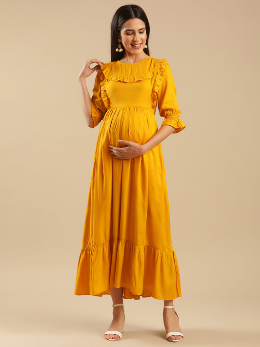Glow Up Yellow Cotton Nursing Maternity Maxi Dress with Hidden Zippers