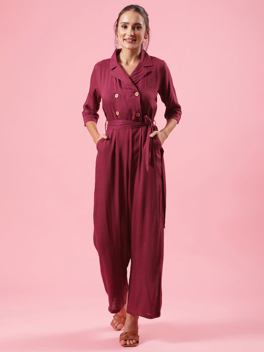 In the Stars Stylish Maroon Blazer Fit Cotton Womens Jumpsuit with Belt and Pockets