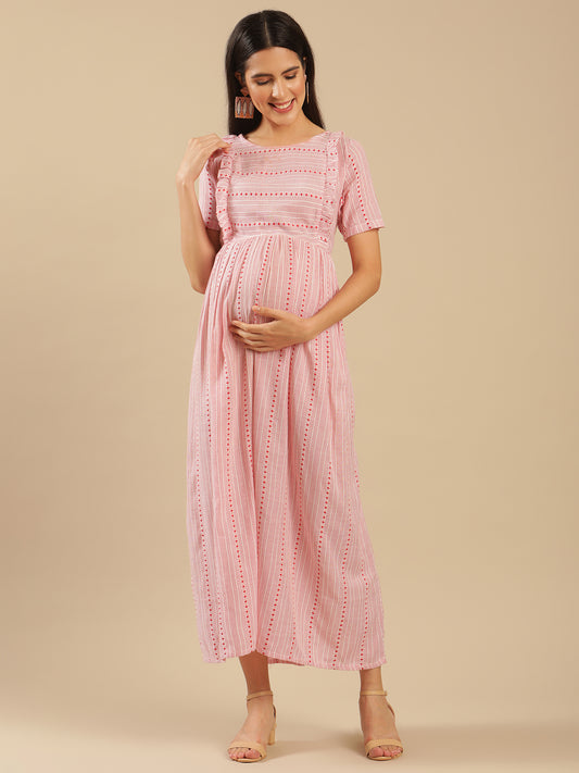 Luna Red Cotton Jacquard Nursing Maternity Dress