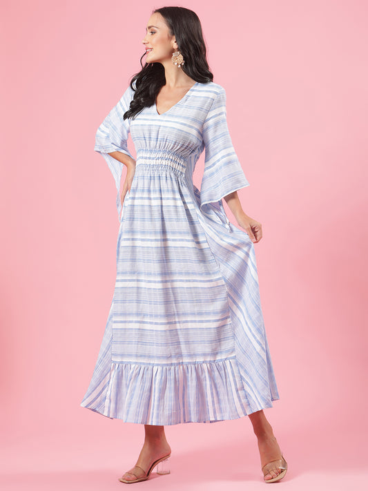 Sea Shell White and Blue Womens Striped Cotton Maxi Summer Dress