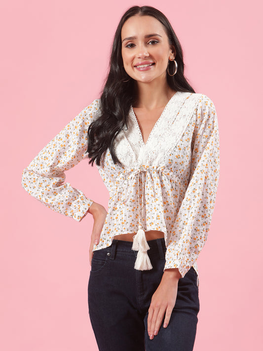 Mimosa Womens White and Yellow Floral Casual Stylish Summer Top with Lace Details