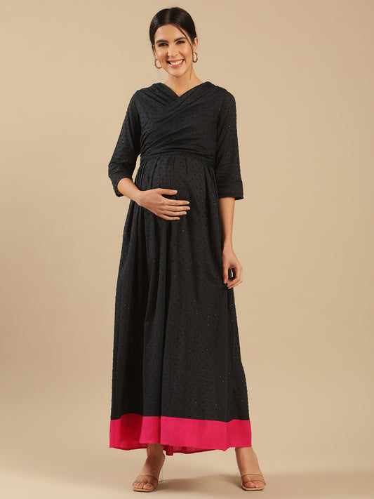 Zoyi Navy Cotton Dobby Nursing Maternity Dress