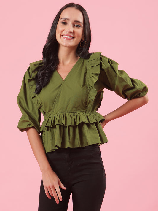 Dear Darling Womens Olive Green Peplum Top with Ruffle Details Office Wear
