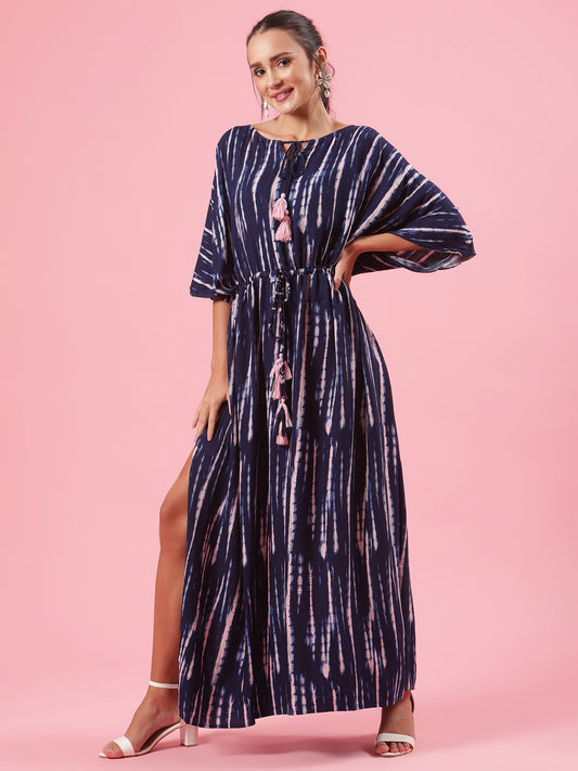 Shibori Tie and Dye Womens Summer Kaftan Dress with Tassles