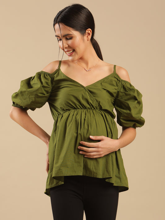 Marina Olive Cotton Cold Shoulder Peplum Nursing Maternity Top for Women