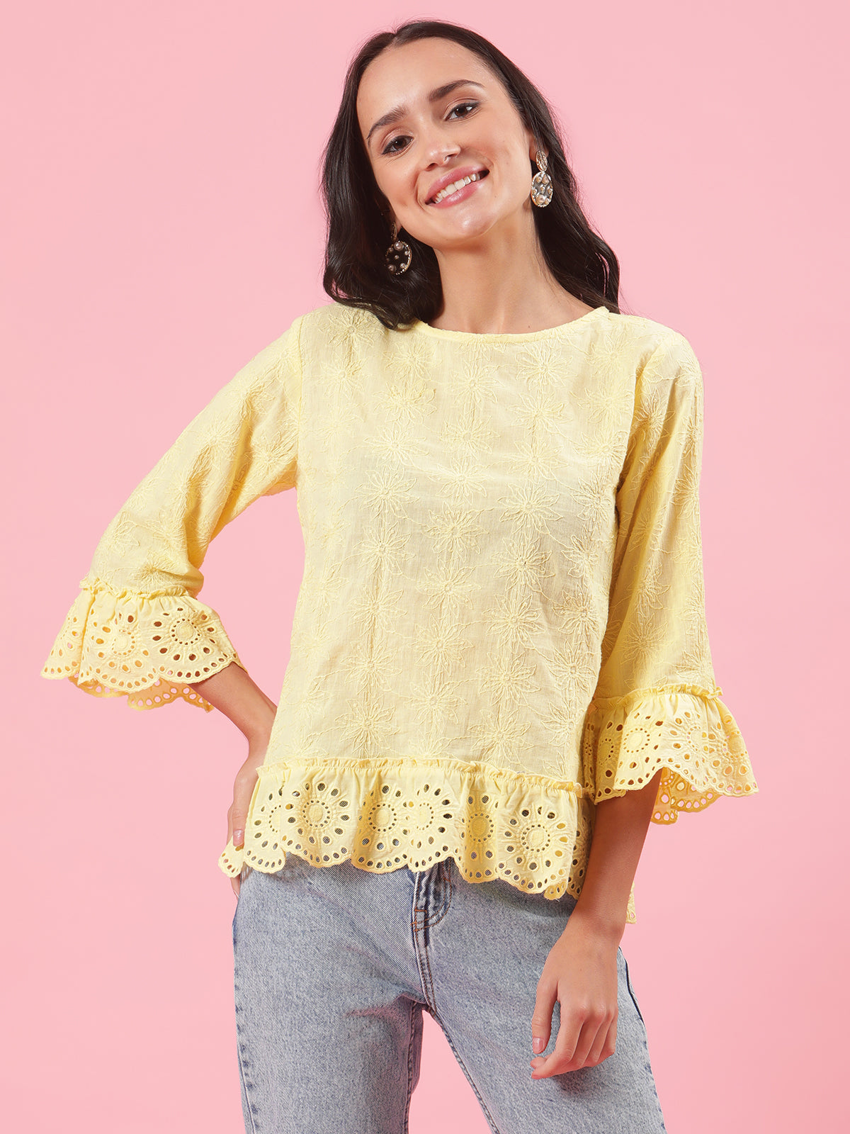 Limo Pastel Yellow Schiffli Womens Office Wear Summer Top Limo Pastel Yellow Schiffli Womens Office Wear Summer Top