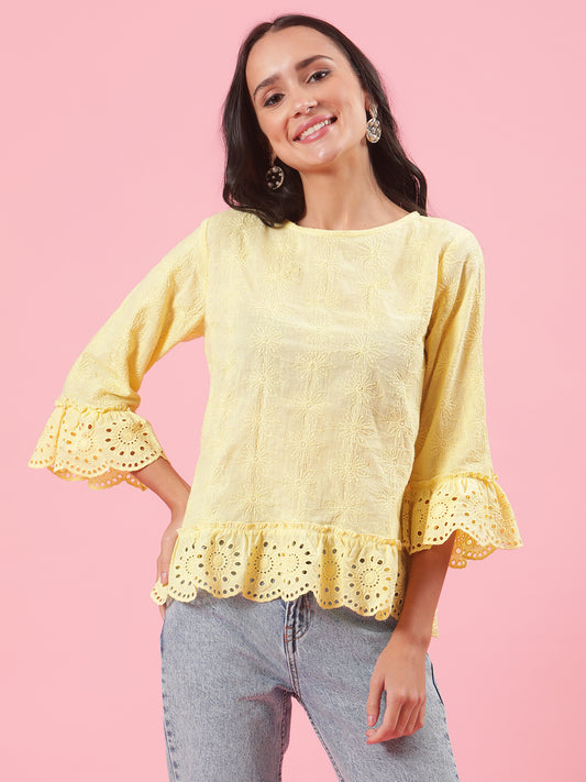 Limo Pastel Yellow Schiffli Womens Office Wear Summer Top
