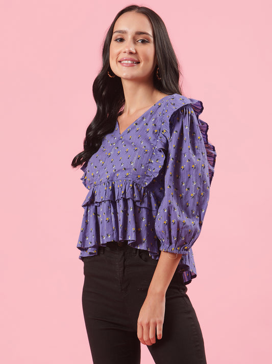 TGIF Purple Floral Printed Peplum Summer Casual Top for Women