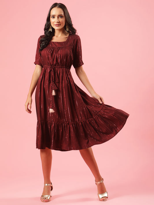 Rosa Maroon Lurex Womens Midi Party Dress with Tassels