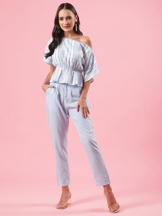 Ciara White and Sky Blue One Shoulder Womens Summer Co-ord Set