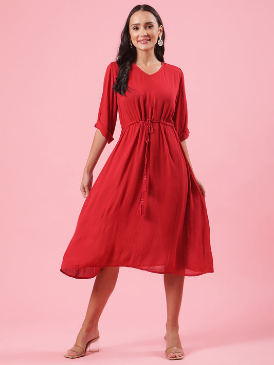 Razzle Berry Womens Red Midi Cotton Dress with Drawstring Details