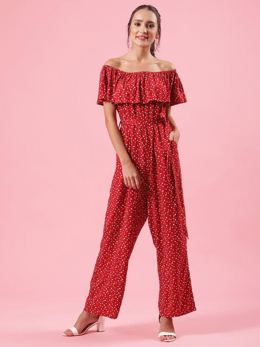 Retro Red Off Shoulder Polka Dot Womens Casual Jumpsuit with Belt