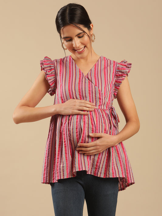 Ruby Pink Cotton Stripe Wrap Maternity Top for Women
