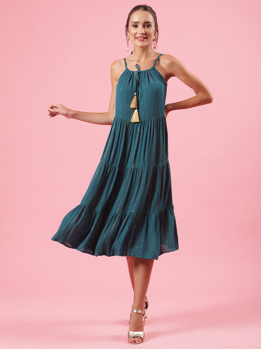Peacock Golden Teal Womens Stylish Cocktail Party Tier Dress with Golden Details