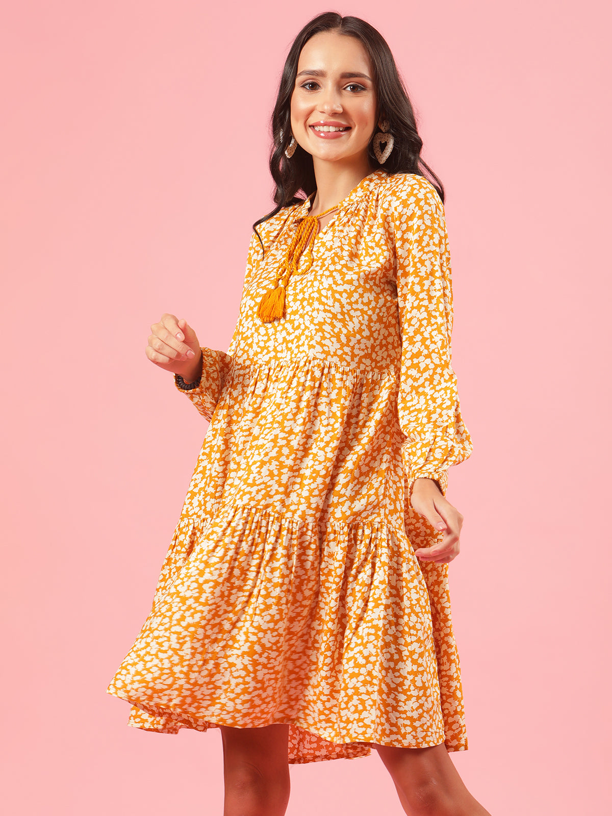 Ray-Ray Womens Yellow Floral Print Cotton Summer Skater Dress with Tassels