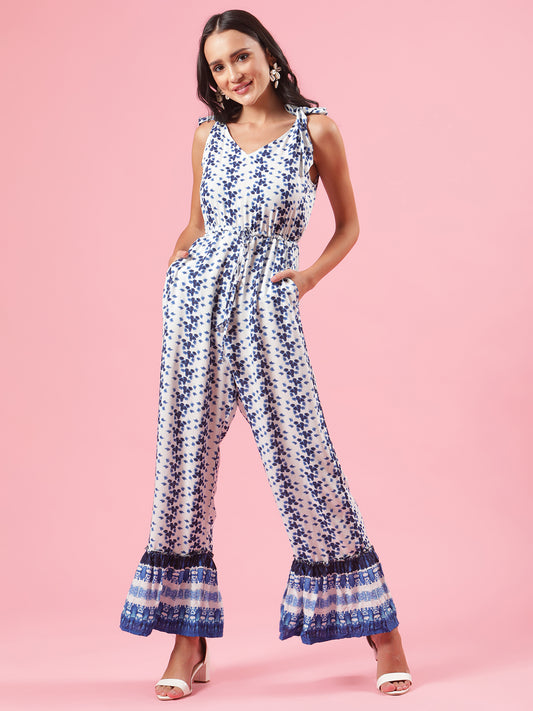 One Wish Boho Blue and White Print Womens Summer Jumpsuit with Tie Details on Shoulder