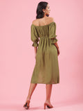 Savana Olive Green Off-Shoulder Casual Summer Dress with Slit Savana Olive Green Off-Shoulder Casual Summer Dress with Slit