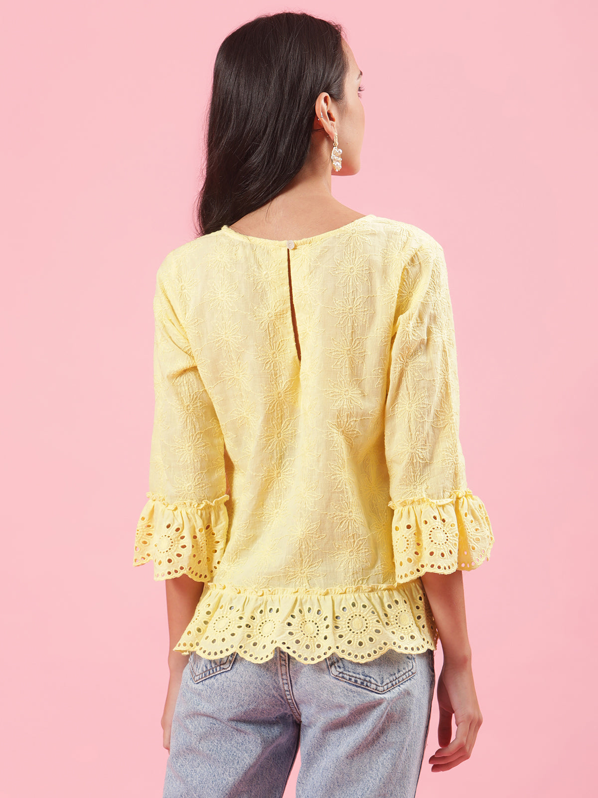Limo Pastel Yellow Schiffli Womens Office Wear Summer Top Limo Pastel Yellow Schiffli Womens Office Wear Summer Top
