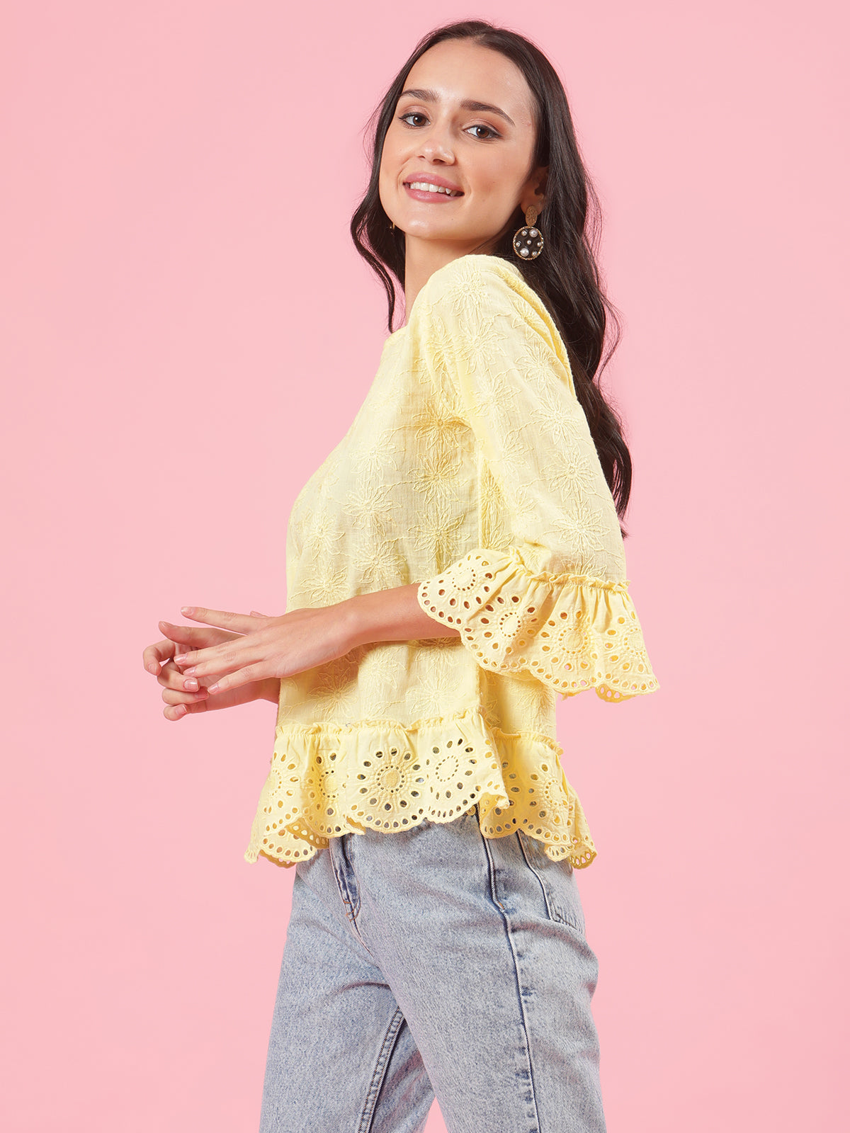 Limo Pastel Yellow Schiffli Womens Office Wear Summer Top Limo Pastel Yellow Schiffli Womens Office Wear Summer Top