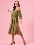 Savana Olive Green Off-Shoulder Casual Summer Dress with Slit Savana Olive Green Off-Shoulder Casual Summer Dress with Slit