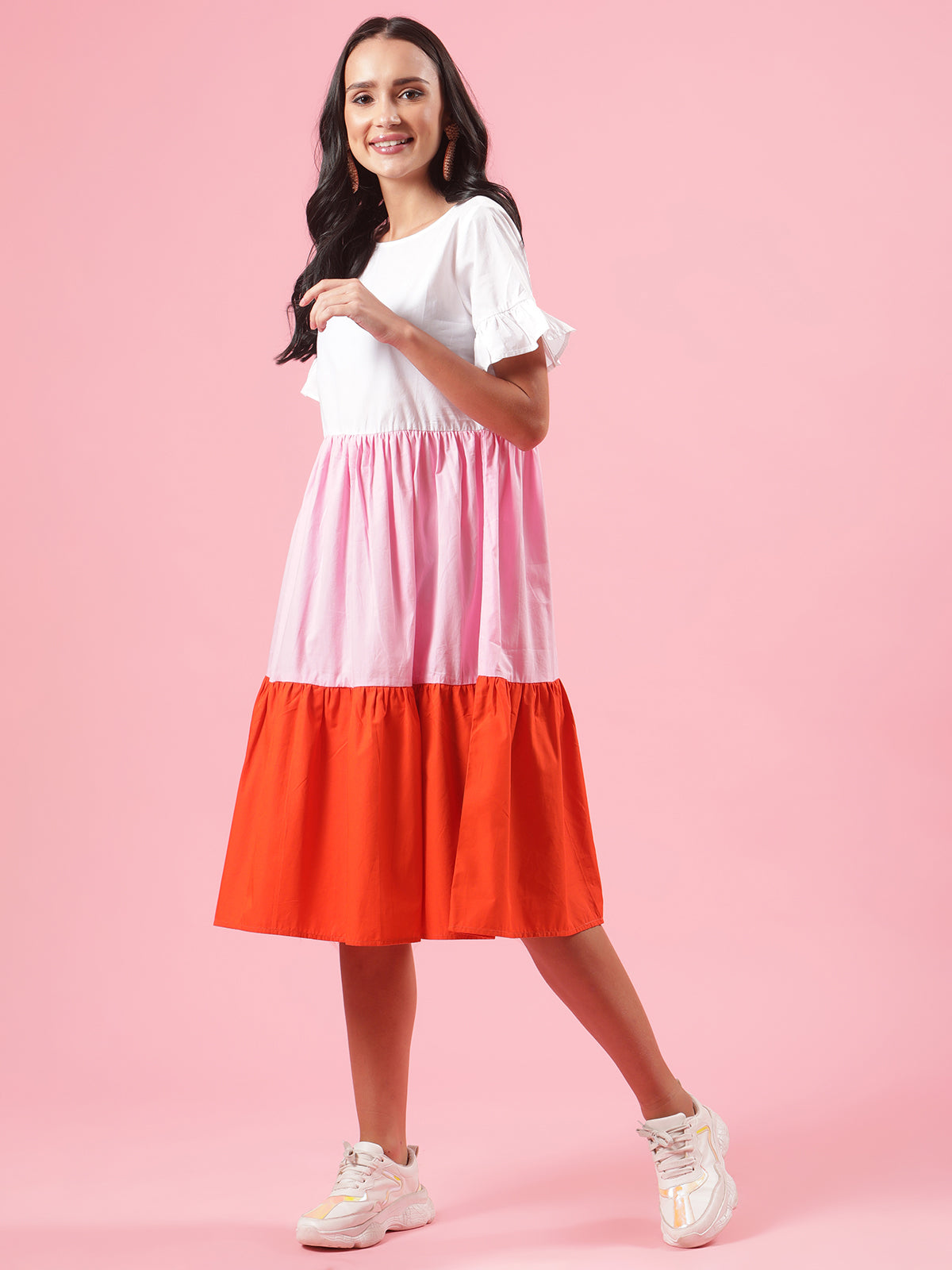 Candy Floss Womens Cotton Summer Tier Dress in White Pink Orange Candy Floss Womens Cotton Summer Tier Dress in White Pink Orange