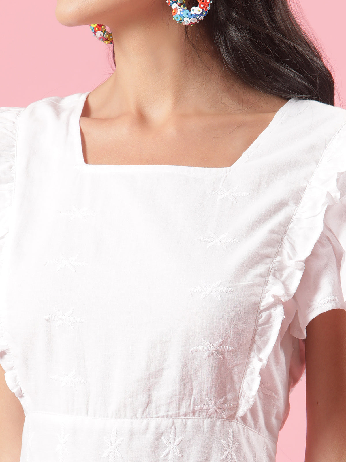 Blaze White Schiffli Womens Cotton Summer Party Dress with Frills Blaze White Schiffli Womens Cotton Summer Party Dress with Frills