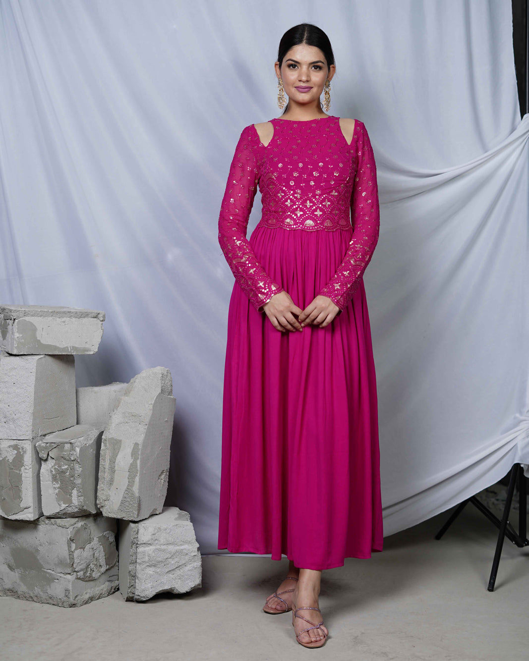 Razia Hot Pink Indo- Western Womens Party Maxi Dress with Embroidery and Cut Out Details for Cocktail