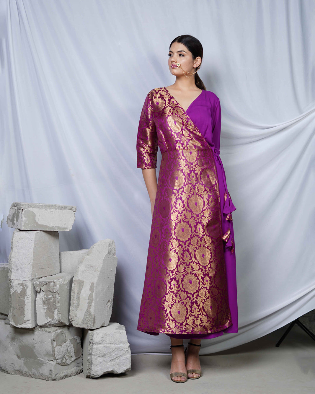 brocade dress women Sundari Royal Purple Womens Indo Western Brocade Wrap Party Dress