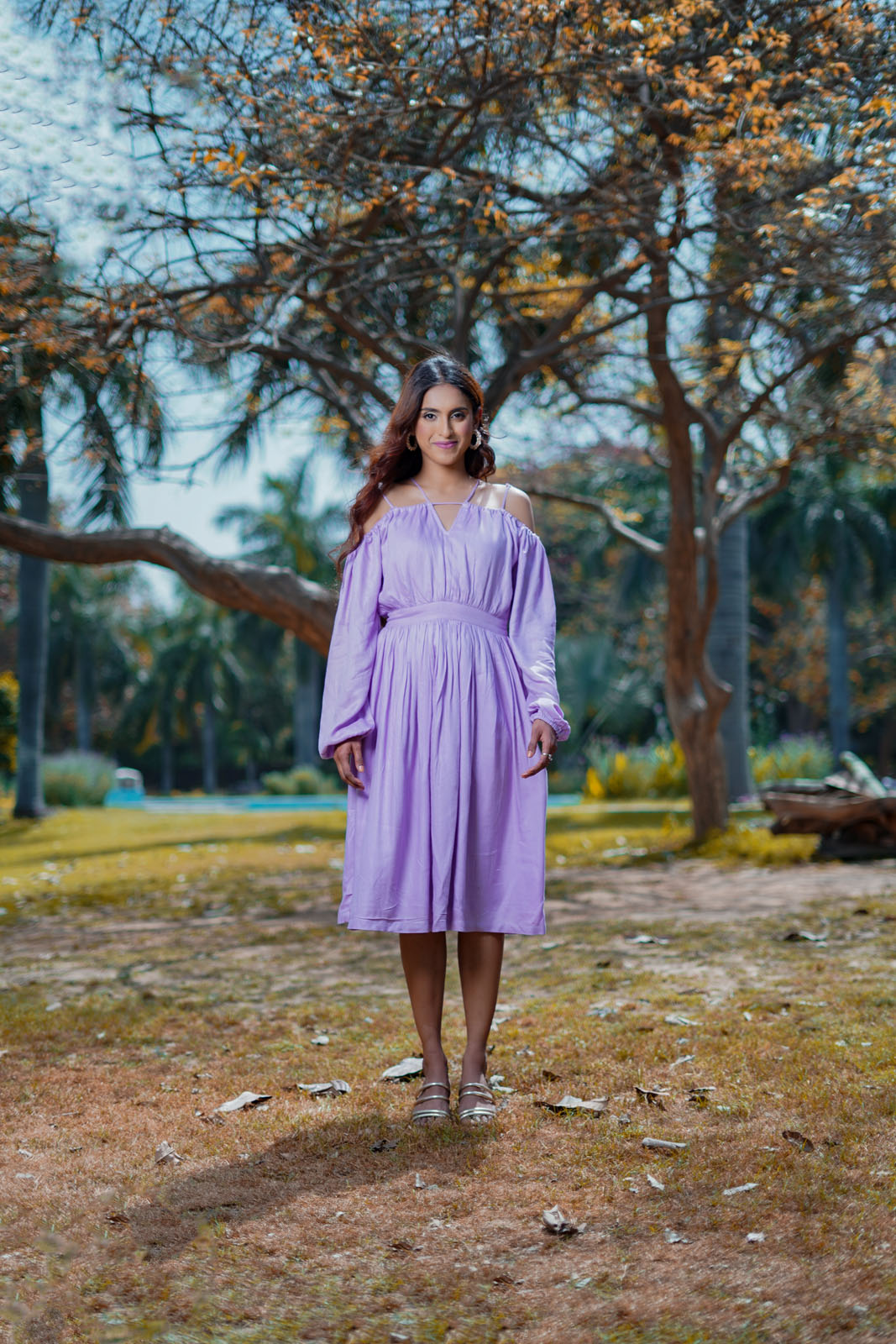 Ariel Lavender Off Shoulder Dress with Tie up Straps Ariel Lavender Off Shoulder Dress with Tie up Straps