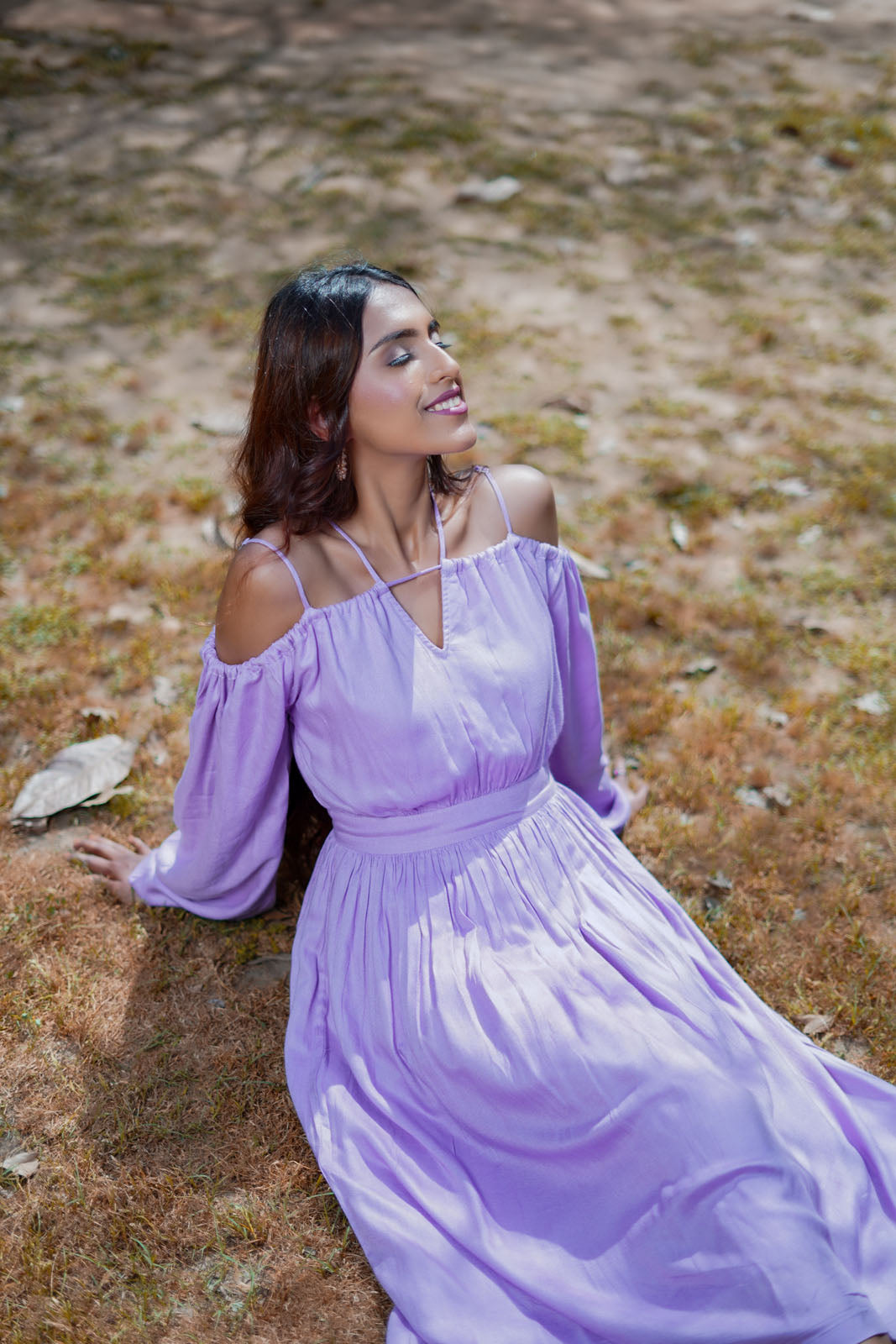 Ariel Lavender Off Shoulder Dress with Tie up Straps Ariel Lavender Off Shoulder Dress with Tie up Straps