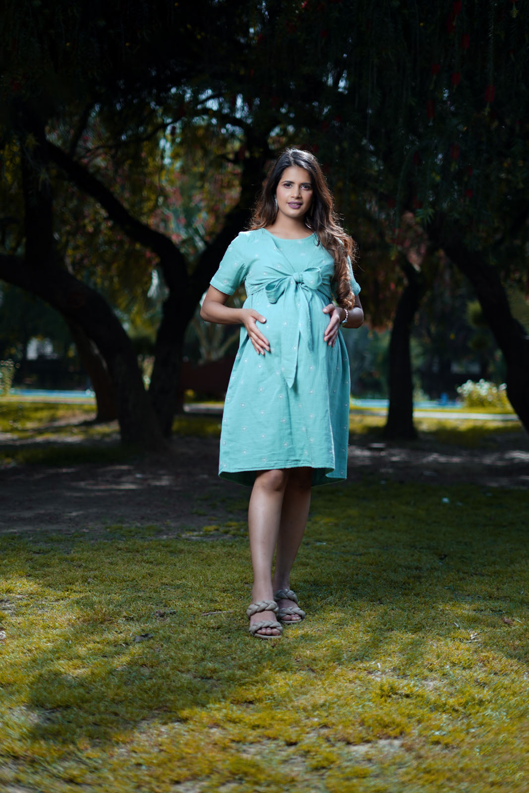 Sage Blue Cotton Schiffli Tie Knot Nursing Maternity Dress Sage Blue Cotton Schiffli Tie Knot Nursing Maternity Dress