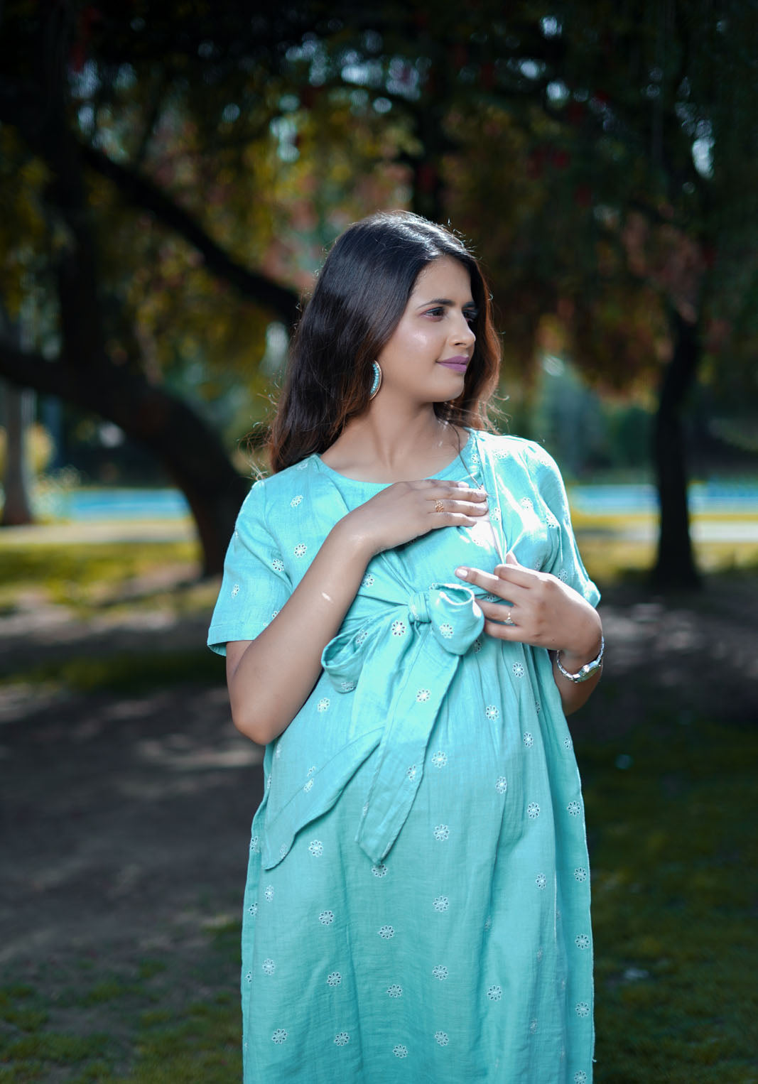 Sage Blue Cotton Schiffli Tie Knot Nursing Maternity Dress Sage Blue Cotton Schiffli Tie Knot Nursing Maternity Dress