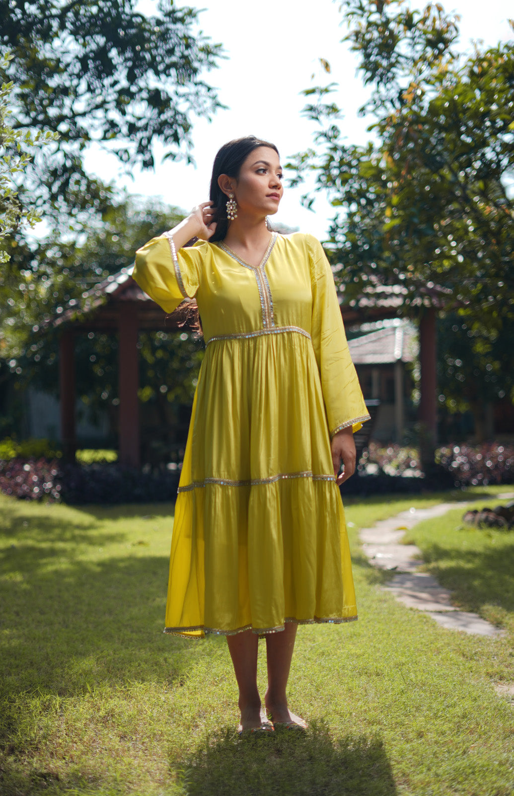 Nargis Womens Lemon Green Indo- Western Tier Party Dress with Lace Details for Mehendi