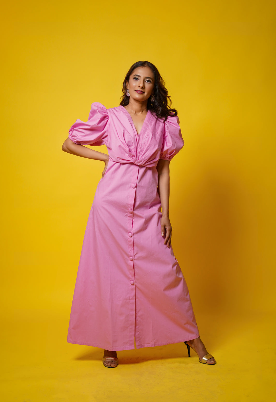Rose Knot Pastel Pink Womens Maxi Party Dress with Buttons and Statement Sleeves Rose Knot Pastel Pink Womens Maxi Party Dress with Buttons and Statement Sleeves