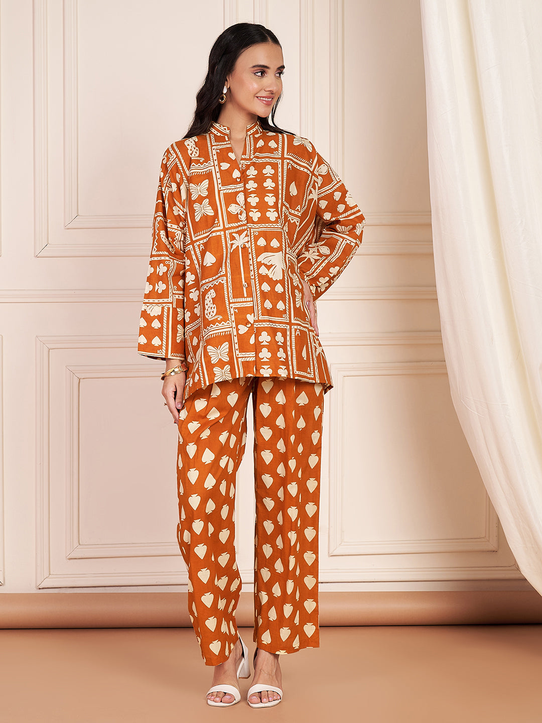 Juliet Cotton Rust Printed Maternity Co-ord Set with Smocking in Pants