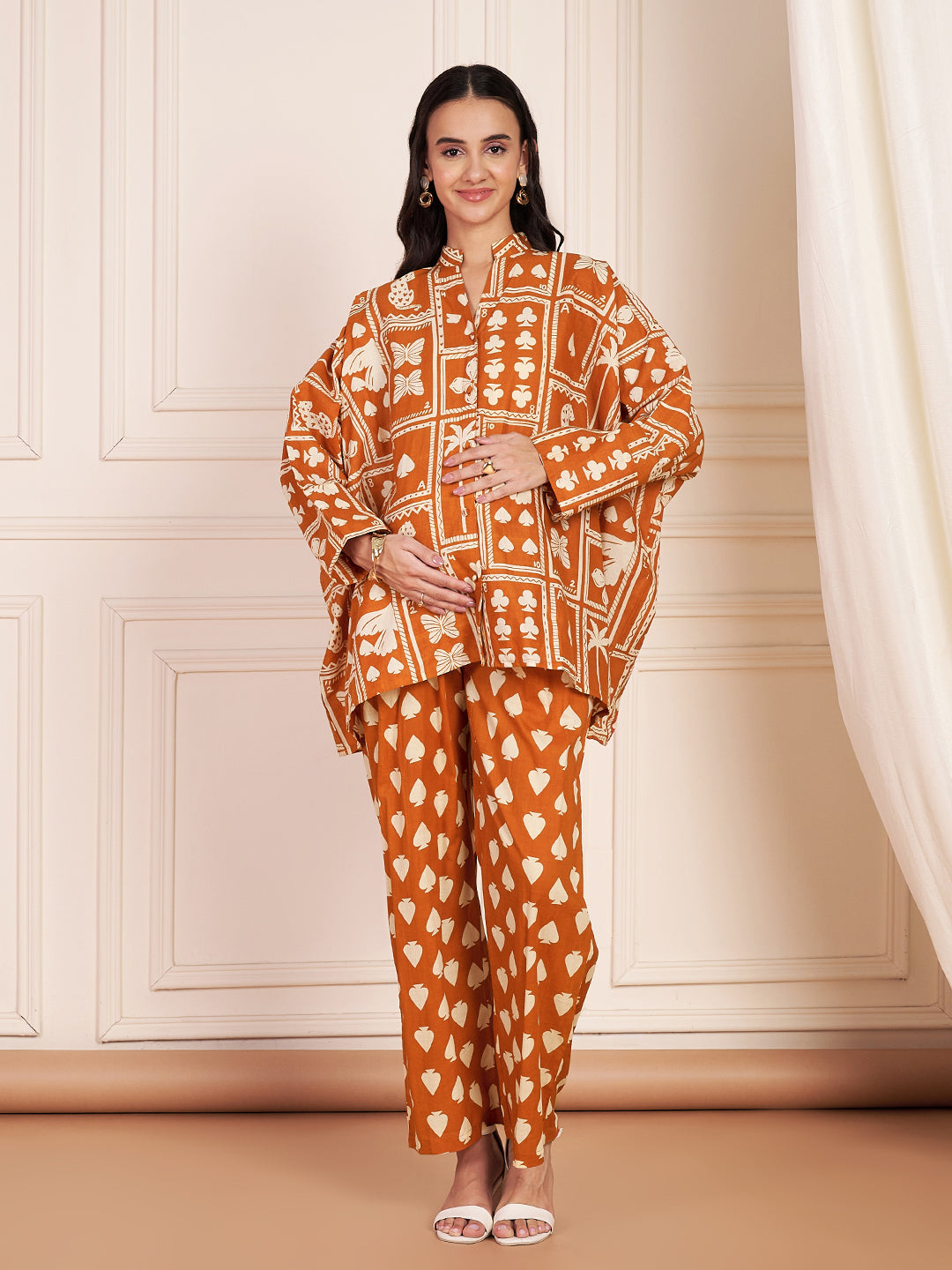 Juliet Cotton Rust Printed Maternity Co-ord Set with Smocking in Pants