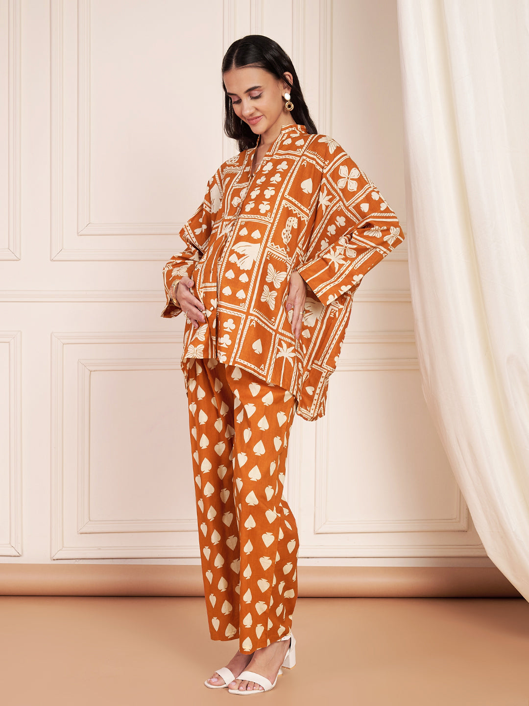 Juliet Cotton Rust Printed Maternity Co-ord Set with Smocking in Pants