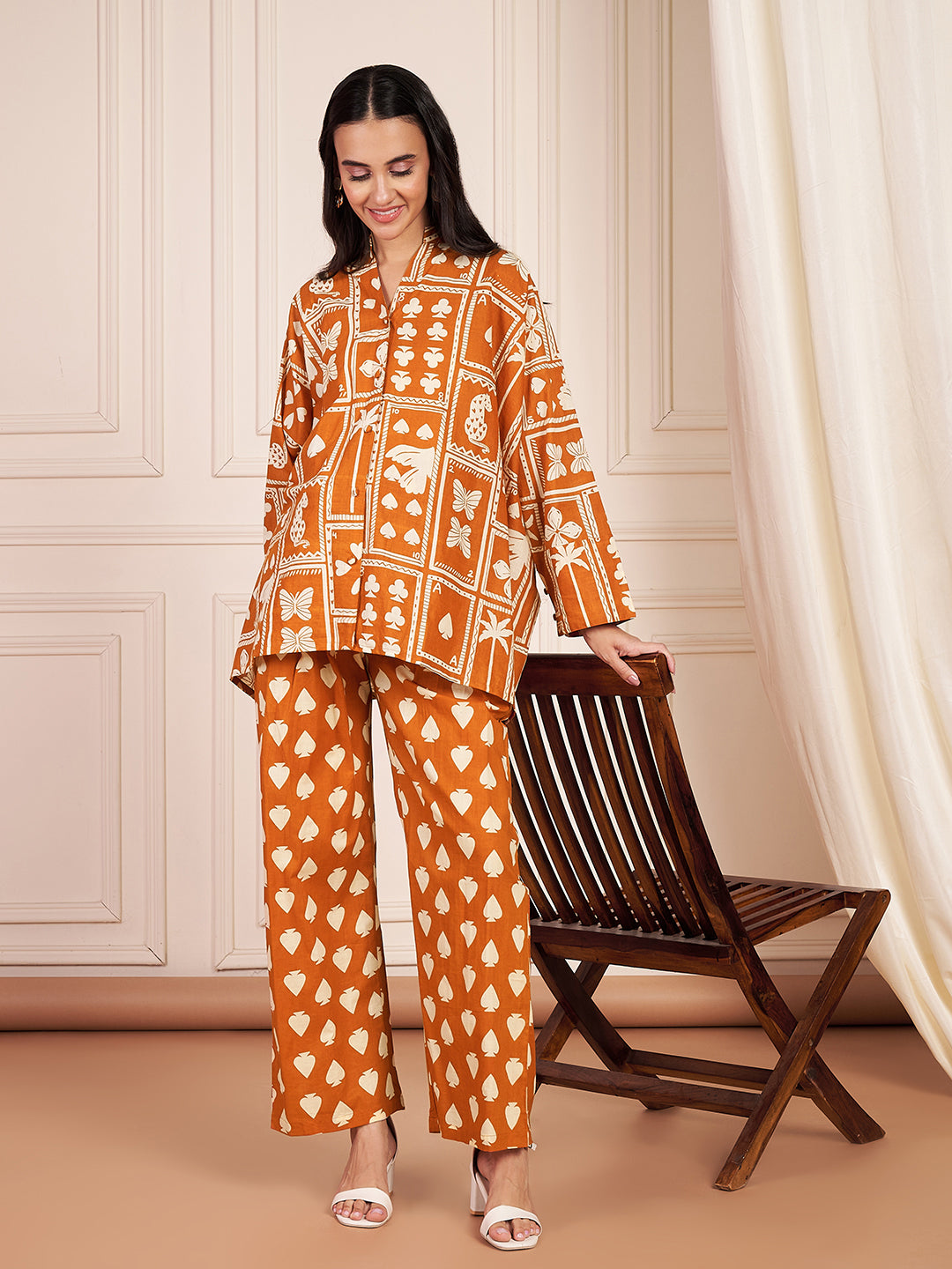 Juliet Cotton Rust Printed Maternity Co-ord Set with Smocking in Pants