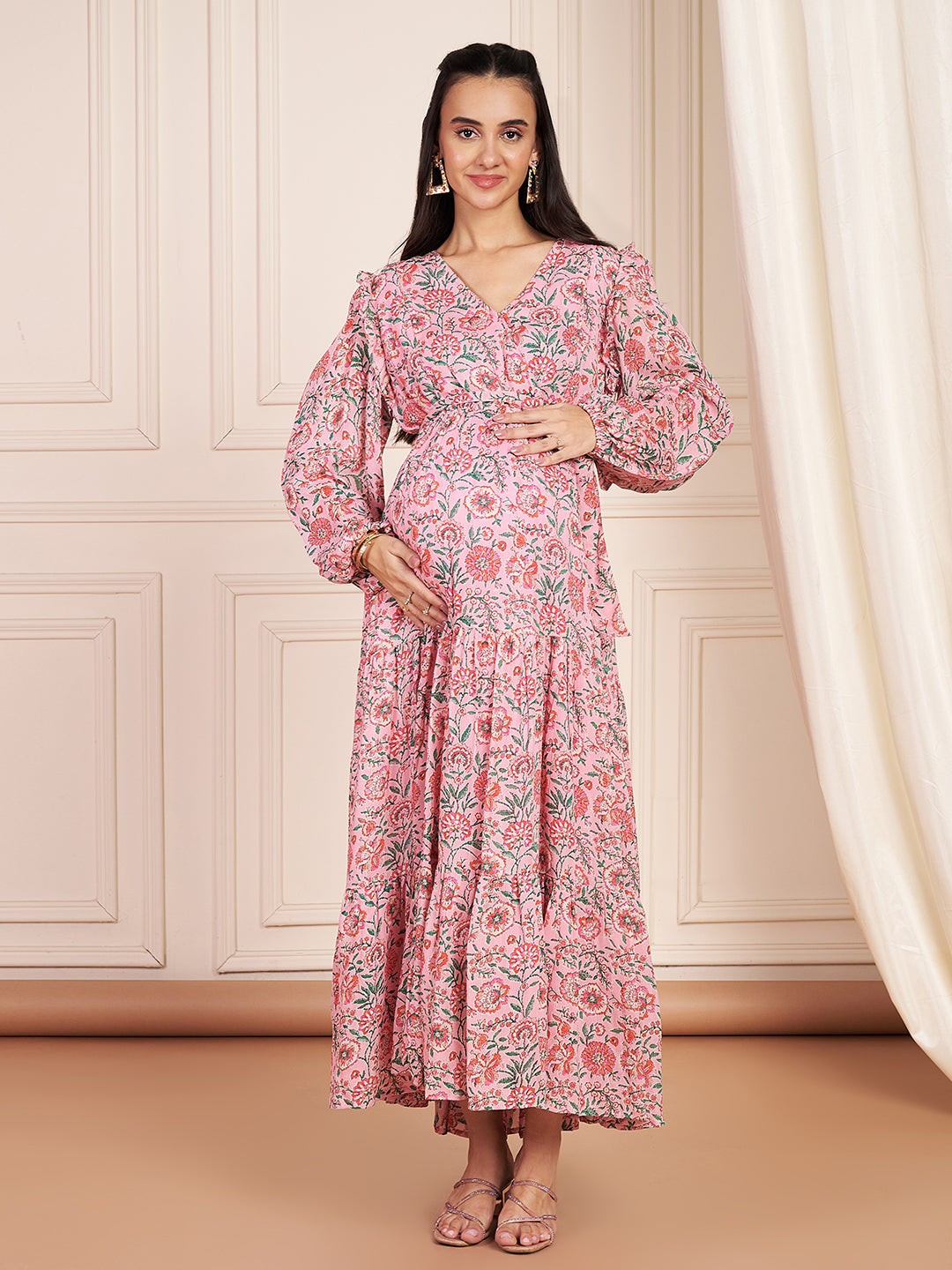 Rosalie Pink Floral Printed Maxi Dress With Hidden Nursing Feature For Women