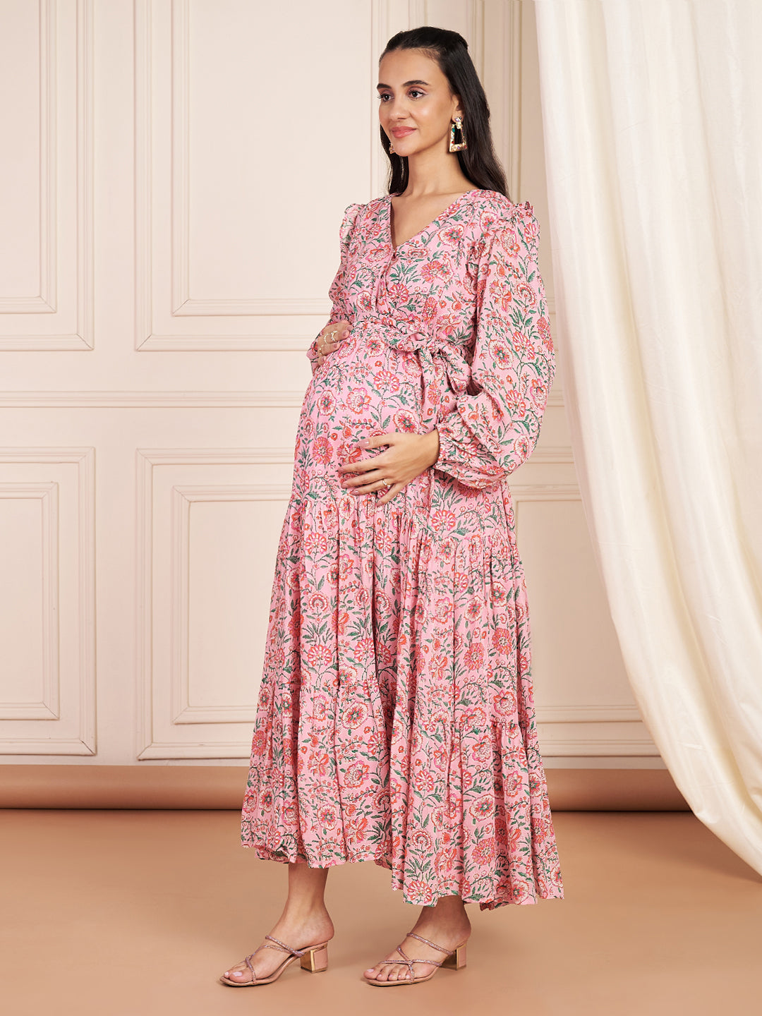 Rosalie Pink Floral Printed Maxi Dress With Hidden Nursing Feature For Women