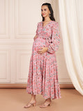 Rosalie Pink Floral Printed Maxi Dress With Hidden Nursing Feature For Women