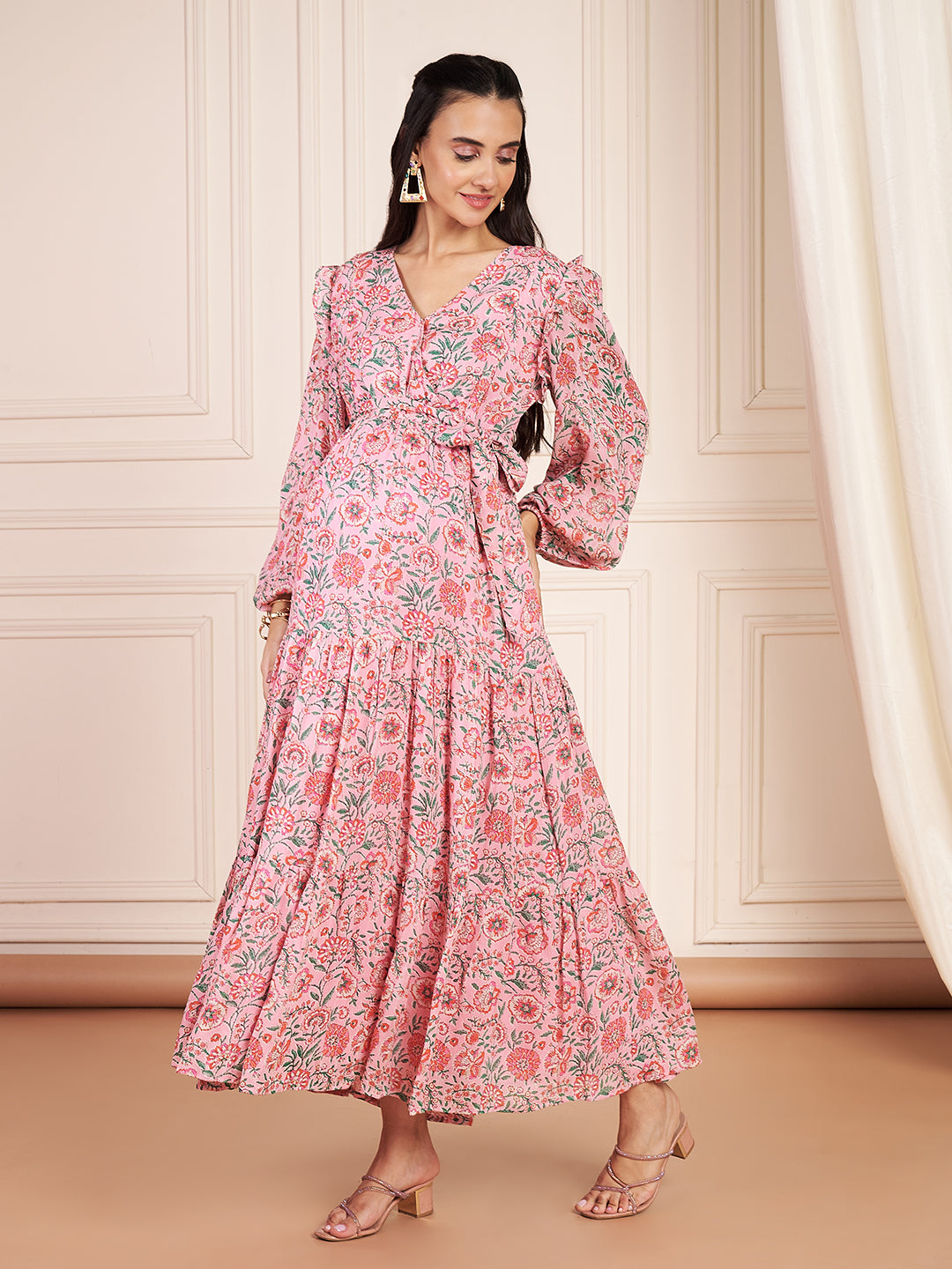 Rosalie Pink Floral Printed Maxi Dress With Hidden Nursing Feature For Women