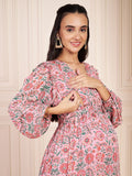 Rosalie Pink Floral Printed Maxi Dress With Hidden Nursing Feature For Women