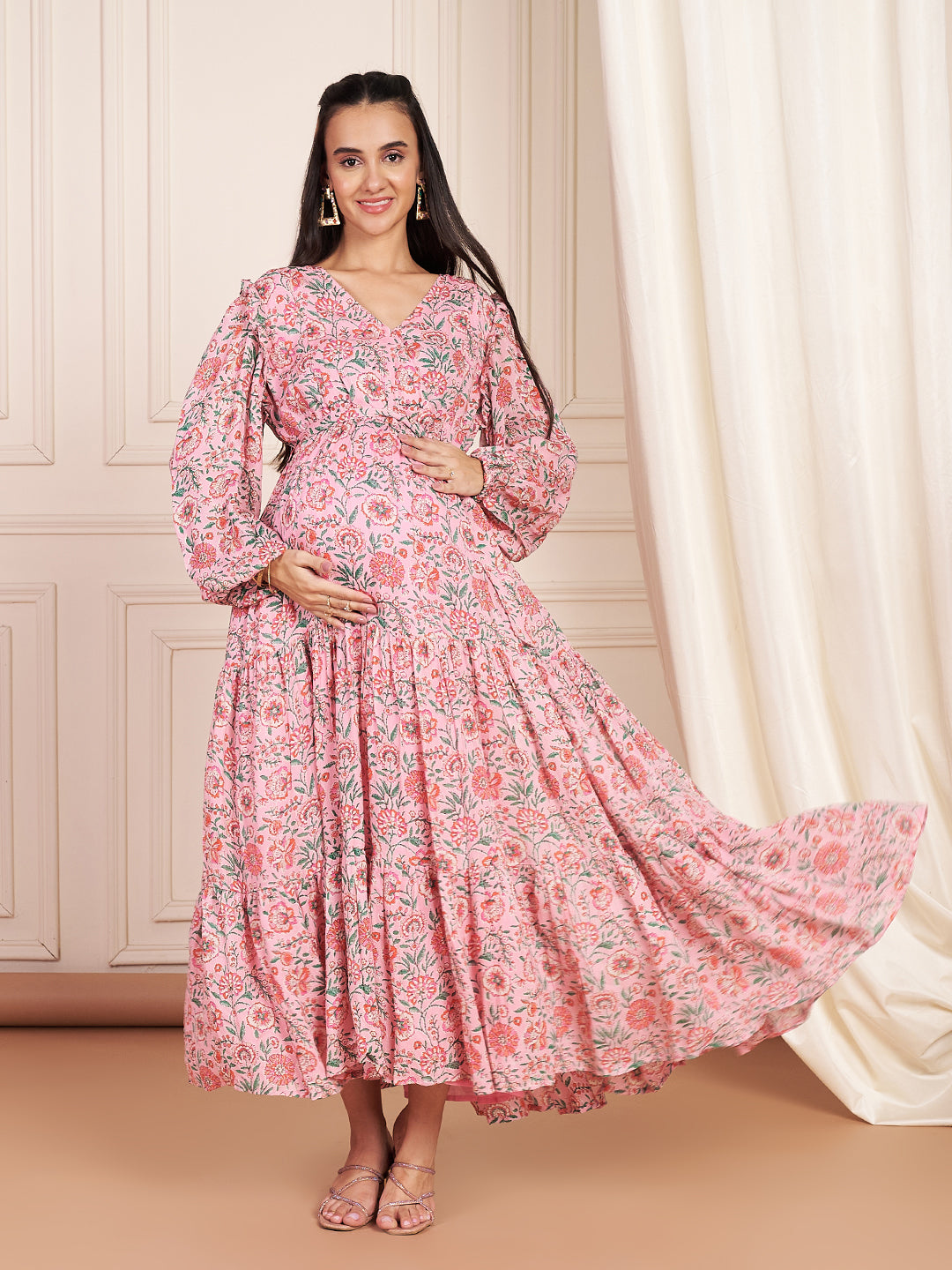 Rosalie Pink Floral Printed Maxi Dress With Hidden Nursing Feature For Women