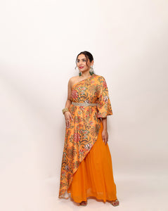 Manchali One Shoulder Yellow Floral Print Indo Western Co-ord Set with Skirt for Women