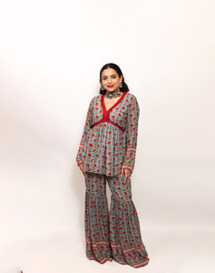 Self-Obsessed Grey and Red Floral Indo Western Co-ord Set for Women