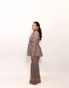 Self-Obsessed Grey and Red Floral Indo Western Co-ord Set for Women