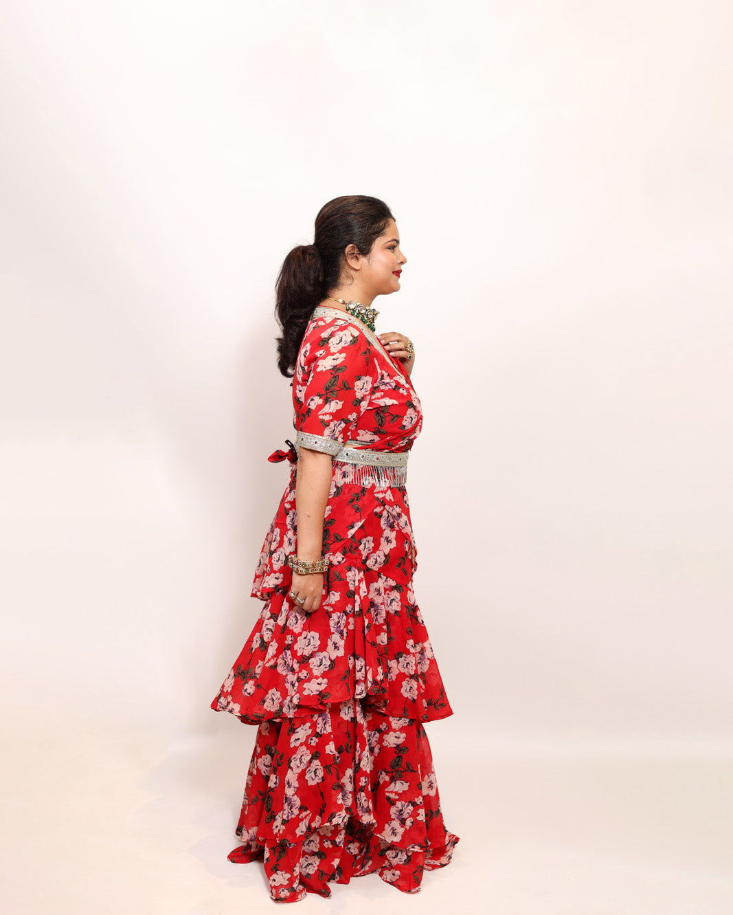 Tikhi Mirchi Womens Red Floral Print Draped Saree with Frills Party Wear